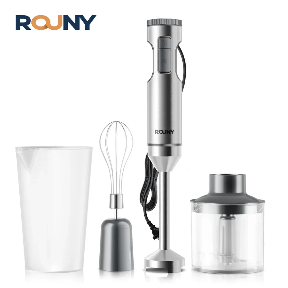 ROUNY – Mixeur plongeant 4 en 1, 1000 W, en acier inoxydable, bol gradué 700 ml, hachoir 500 ml, fouet 7