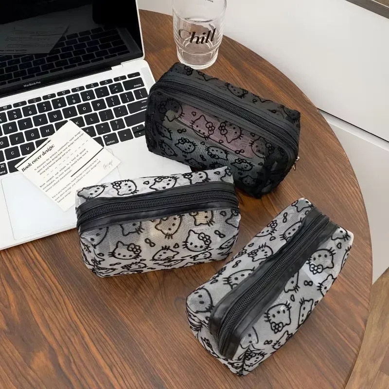 Trousse de maquillage noire en maille, portable et grande capacité, organisateur de toilette de voyage - Image 1