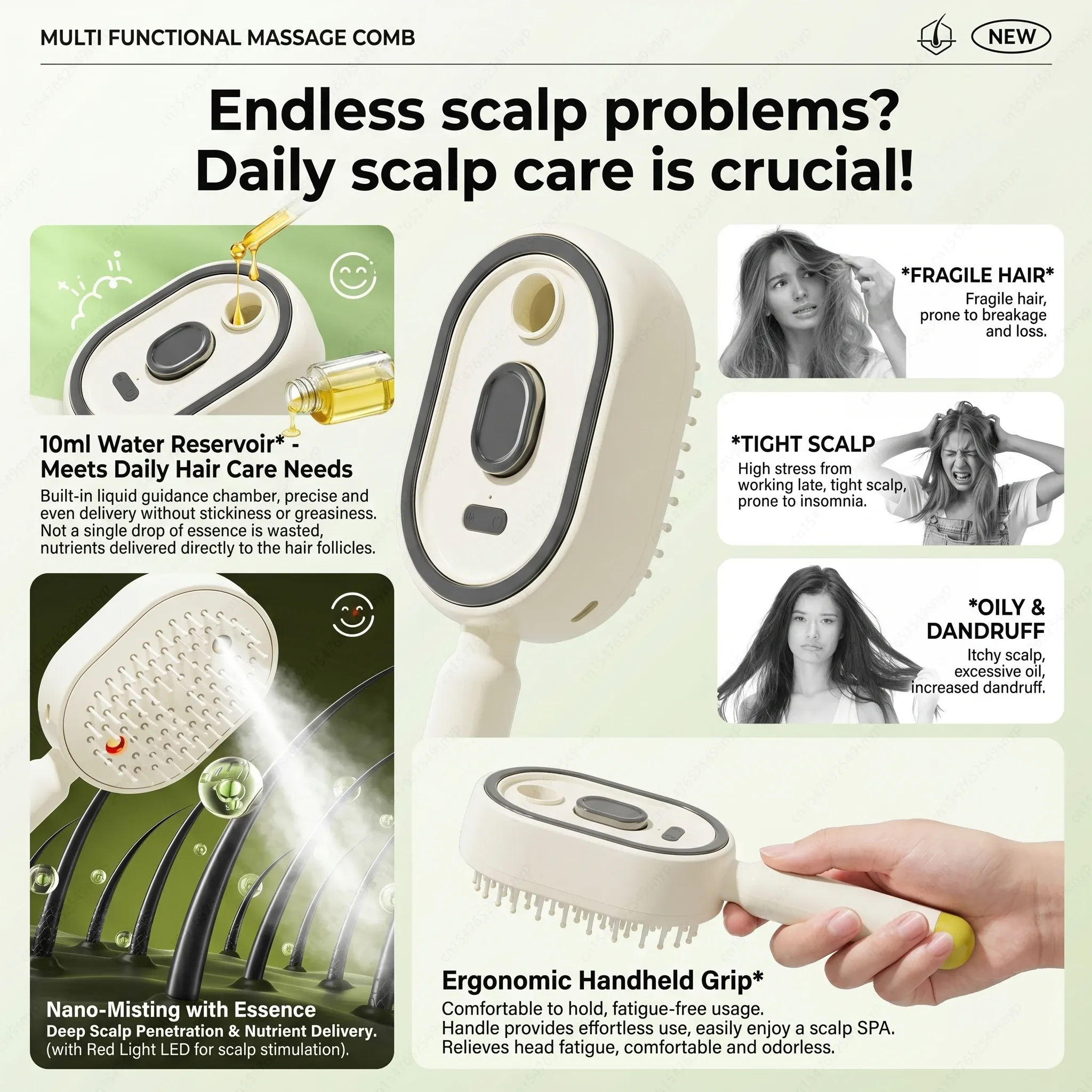 Peigne de massage électrique 3-en-1 à brosse vapeur auto-nettoyante rechargeable, antistatique et démêlant, à coussin d'air pour le soin du cuir chevelu 2
