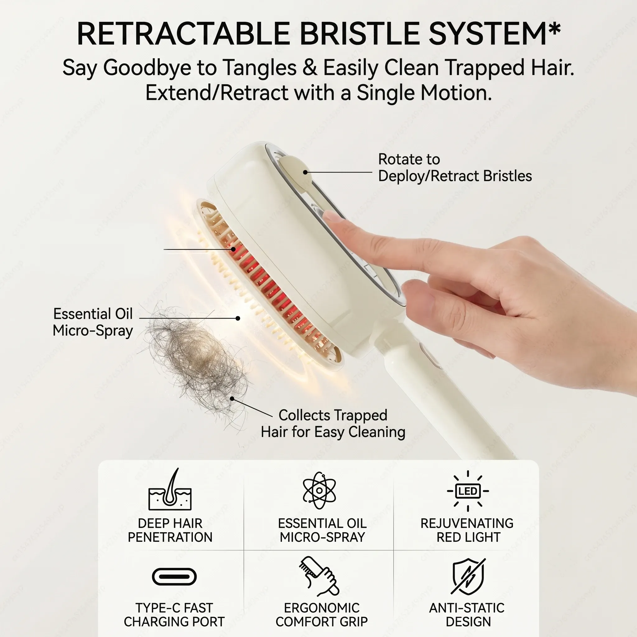 Peigne de massage électrique 3-en-1 à brosse vapeur auto-nettoyante rechargeable, antistatique et démêlant, à coussin d'air pour le soin du cuir chevelu 5