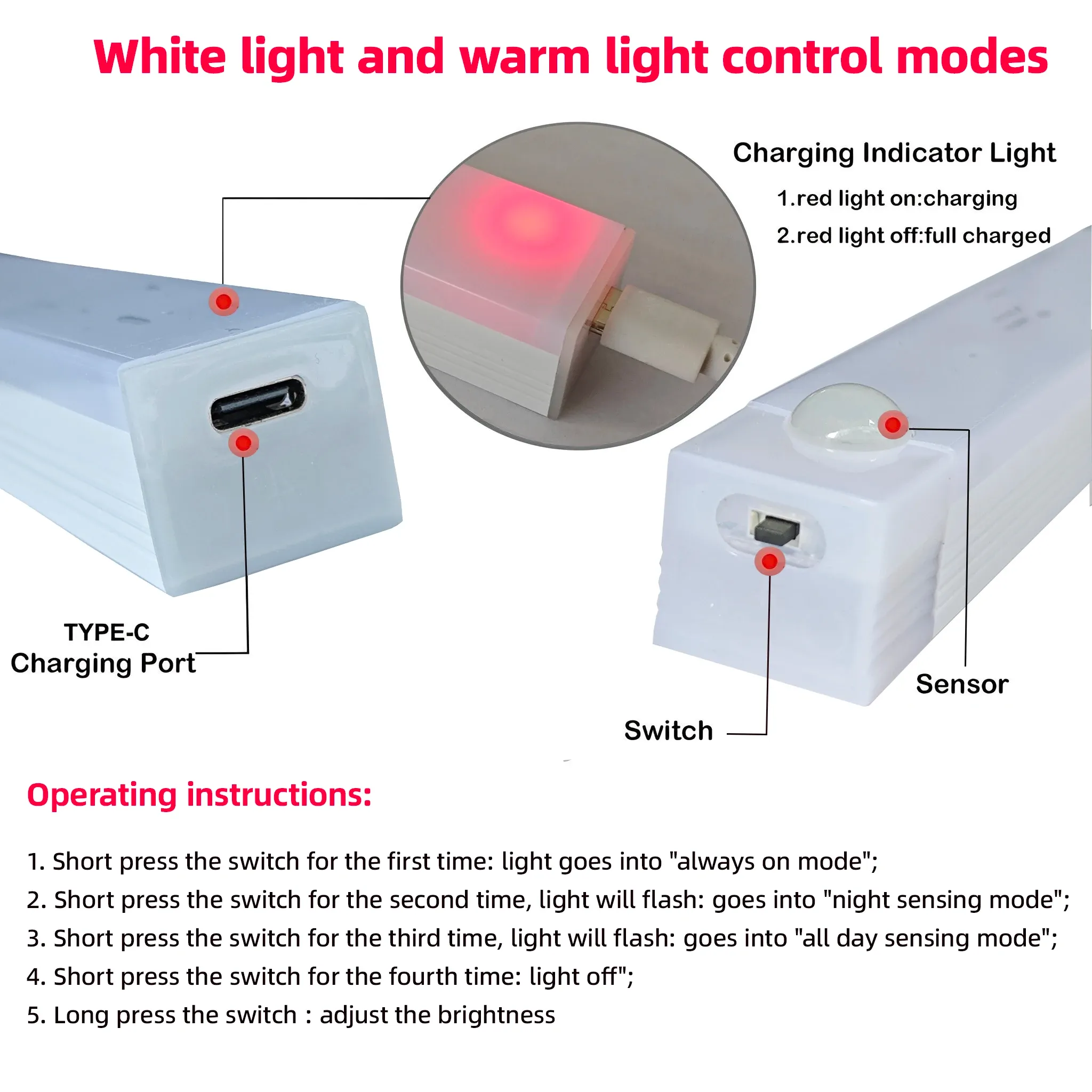 Veilleuse LED sans fil à détecteur de mouvement, rechargeable par USB-C, pour cuisine, chambre, armoire et escalier 6