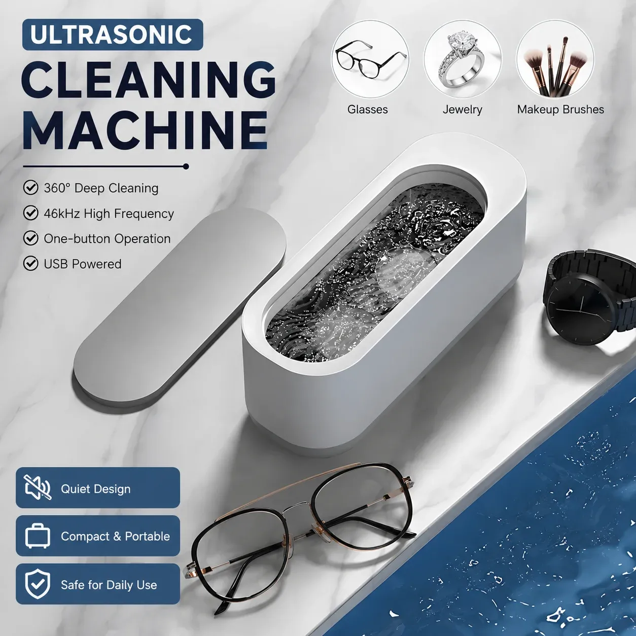 Machine de Nettoyage à Ultrasons pour Bijoux, Lunettes, Montres et Pinceaux de Maquillage - Image 1
