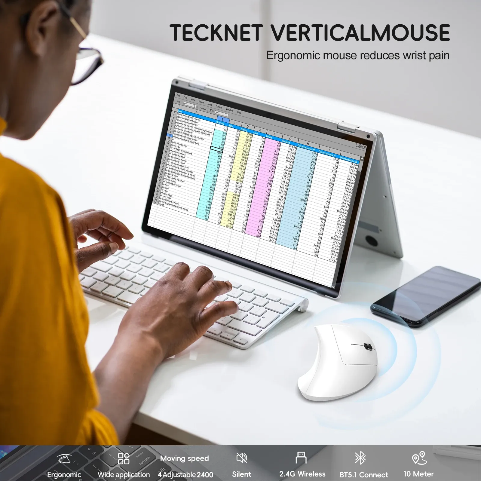 Souris Verticale Ergonomique HXSJ Double Mode Sans Fil, ABS, Batterie Rechargeable 600 mAh, 2400 DPI, Connexion Type-C, Compatible PC 6