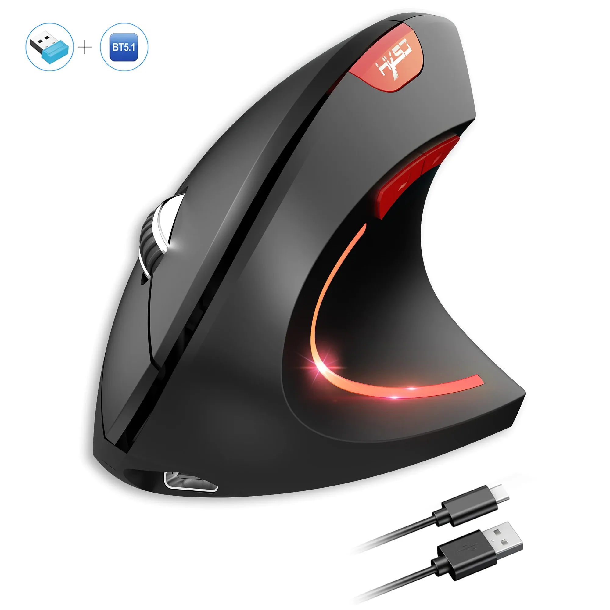 Souris Verticale Ergonomique HXSJ Double Mode Sans Fil, ABS, Batterie Rechargeable 600 mAh, 2400 DPI, Connexion Type-C, Compatible PC 9