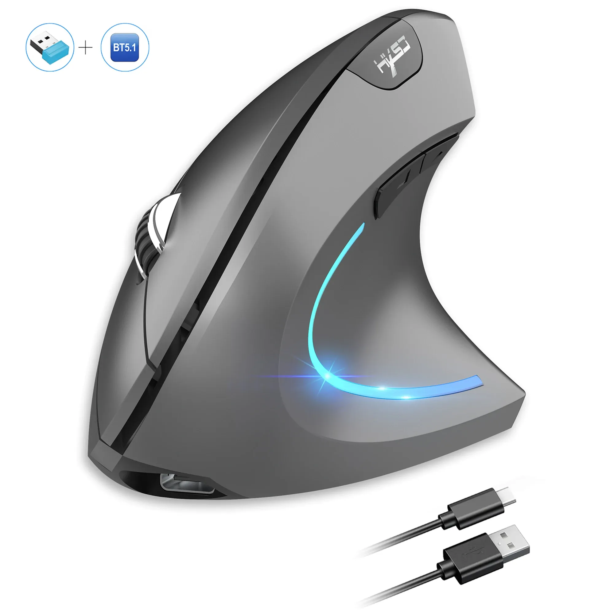 Souris Verticale Ergonomique HXSJ Double Mode Sans Fil, ABS, Batterie Rechargeable 600 mAh, 2400 DPI, Connexion Type-C, Compatible PC 7