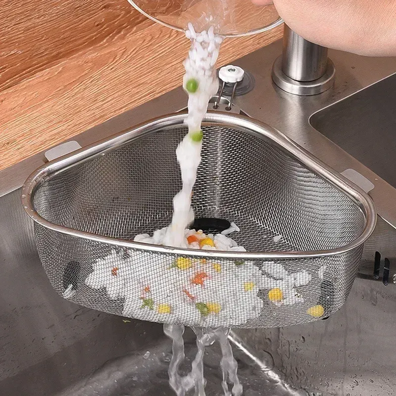 Panier de vidange en acier inoxydable pour évier de cuisine, triangle égouttoir pour fruits et légumes 2