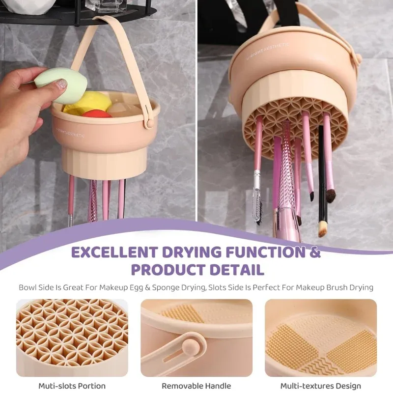 Tapis de nettoyage 3 en 1 pour pinceaux de maquillage avec bol de lavage en silicone, brosse, éponge cosmétique et accessoires de séchage 2