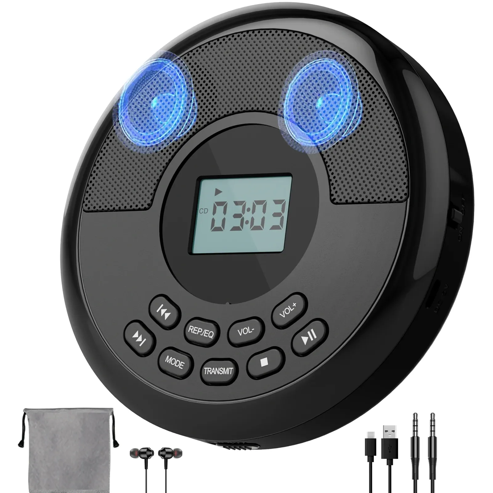 Lecteur CD portable Discman avec Bluetooth, haut-parleurs intégrés et écouteurs, rechargeable par USB