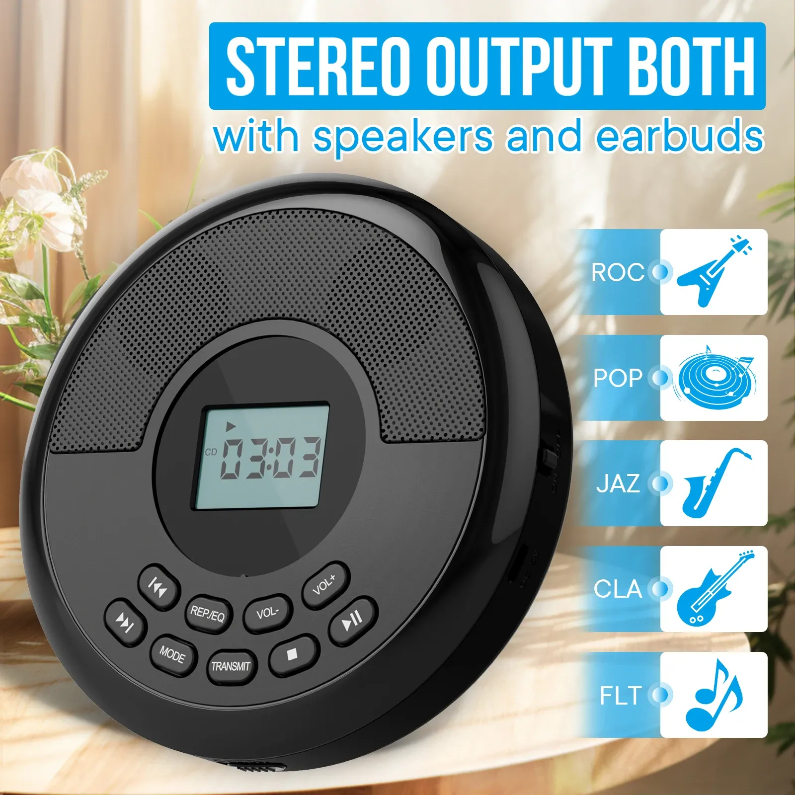 Lecteur CD portable Discman avec Bluetooth, haut-parleurs intégrés et écouteurs, rechargeable par USB 3