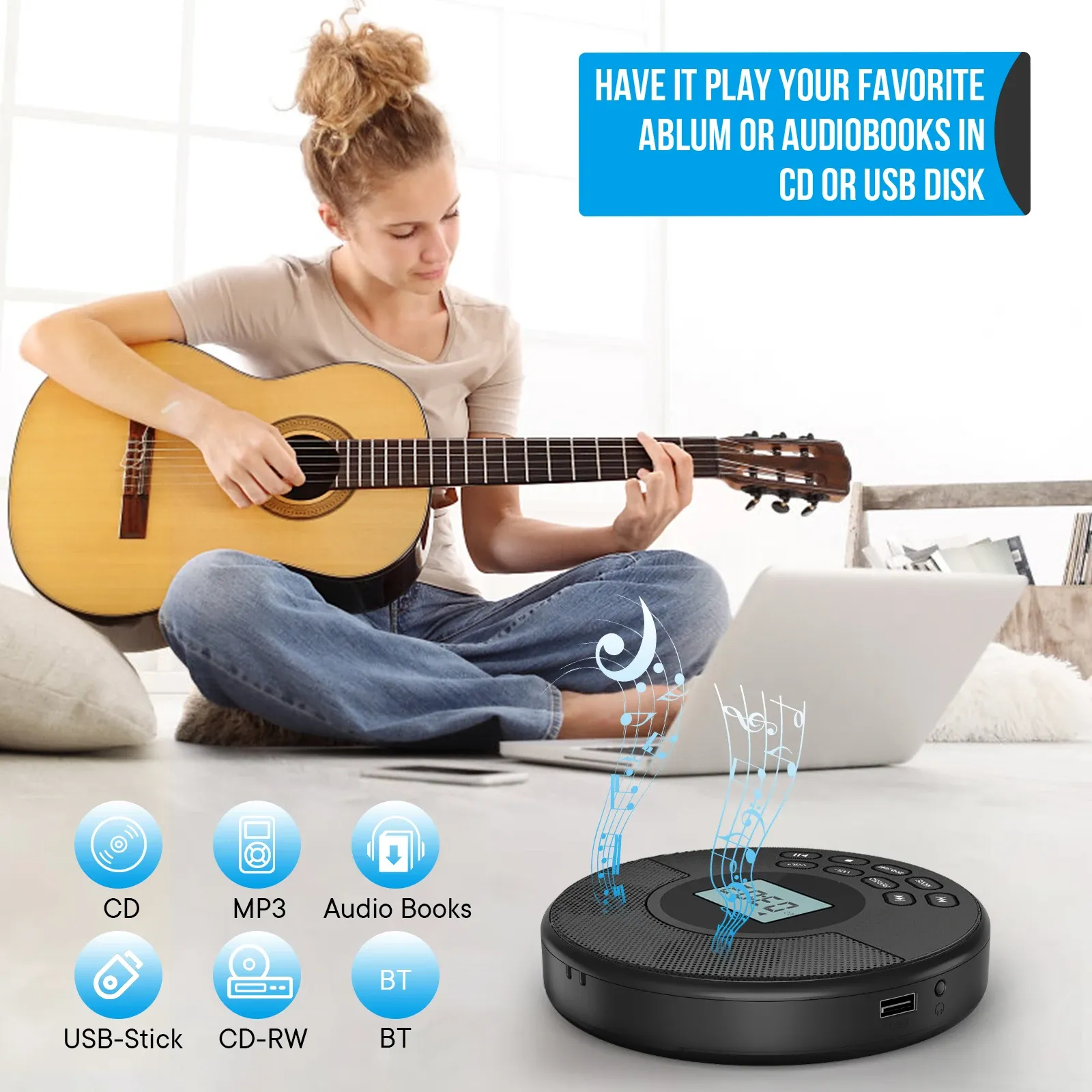 Lecteur CD portable Discman avec Bluetooth, haut-parleurs intégrés et écouteurs, rechargeable par USB 2