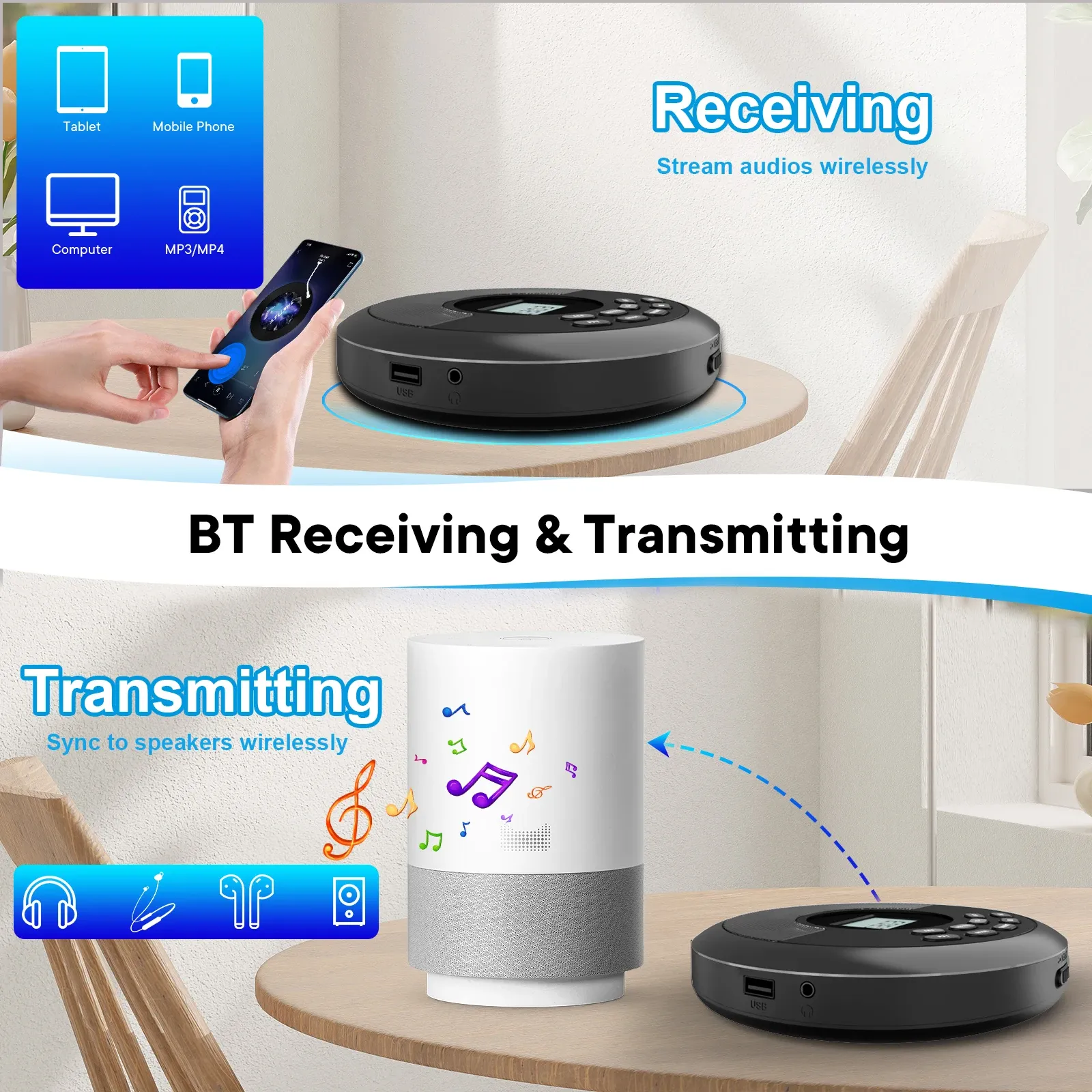 Lecteur CD portable Discman avec Bluetooth, haut-parleurs intégrés et écouteurs, rechargeable par USB 4