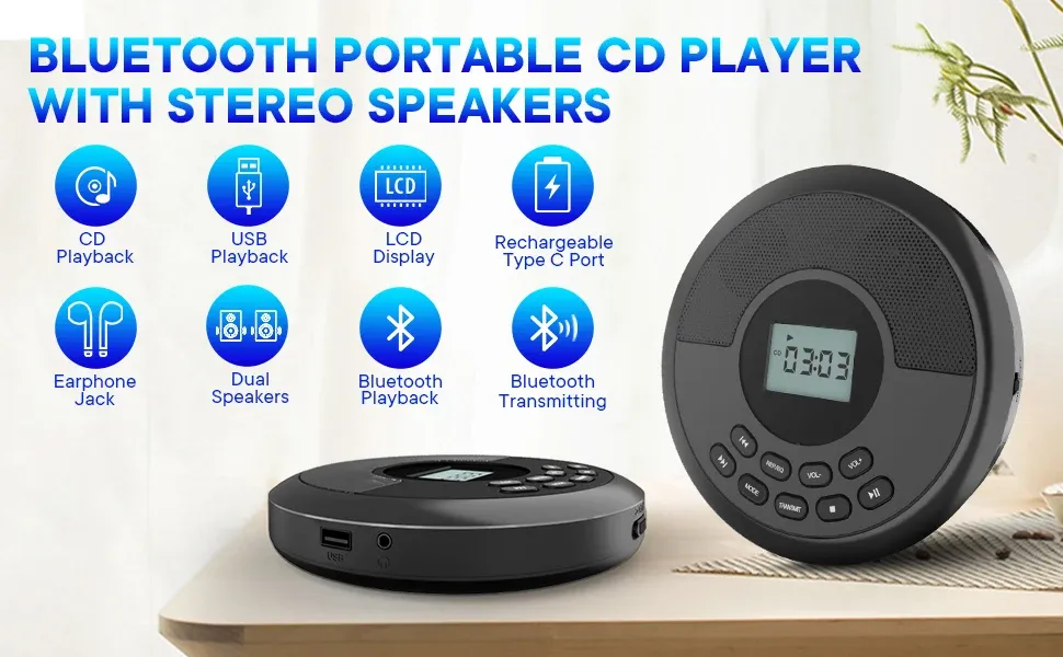 Lecteur CD portable rechargeable USB-C