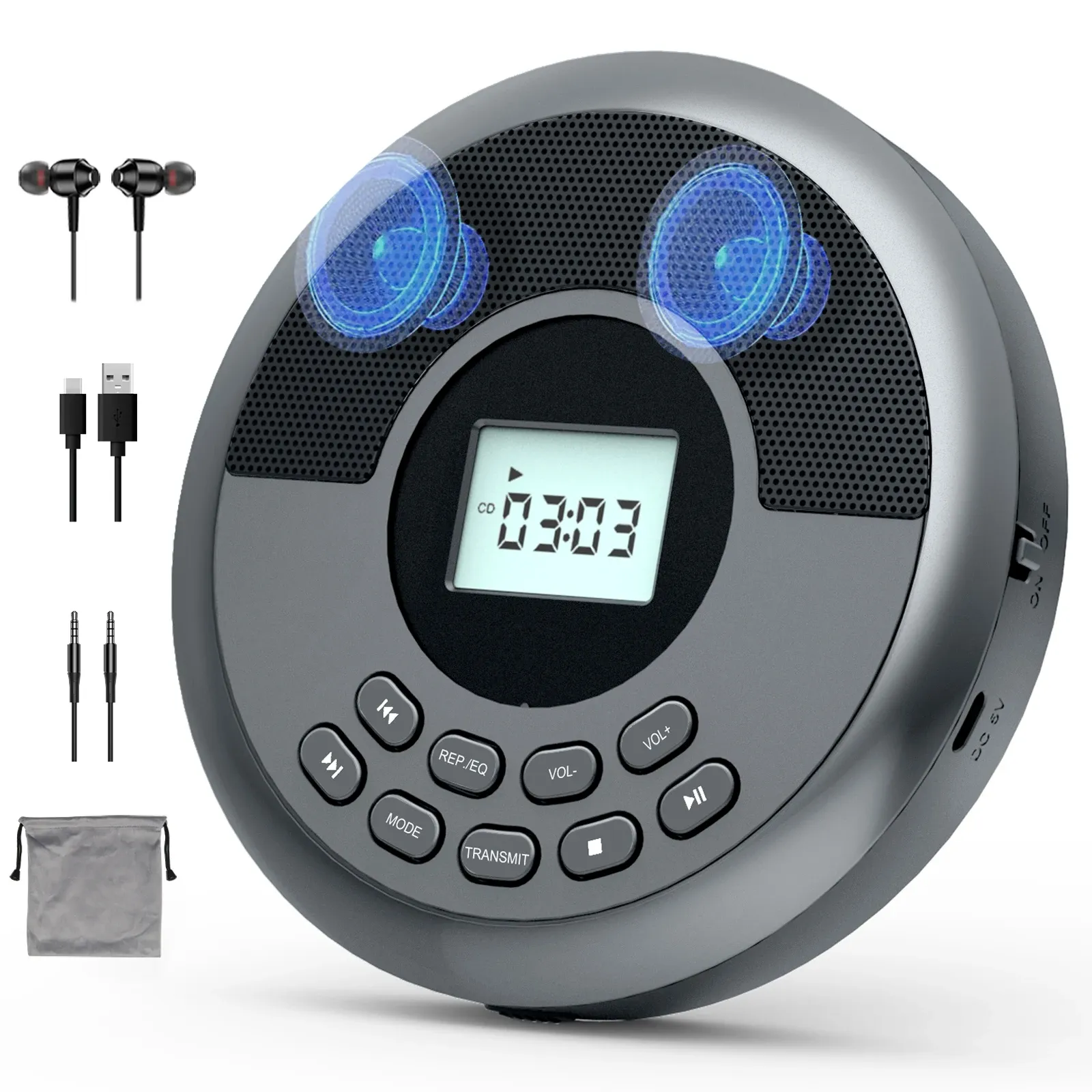 Lecteur CD portable Discman avec Bluetooth, haut-parleurs intégrés et écouteurs, rechargeable par USB 7