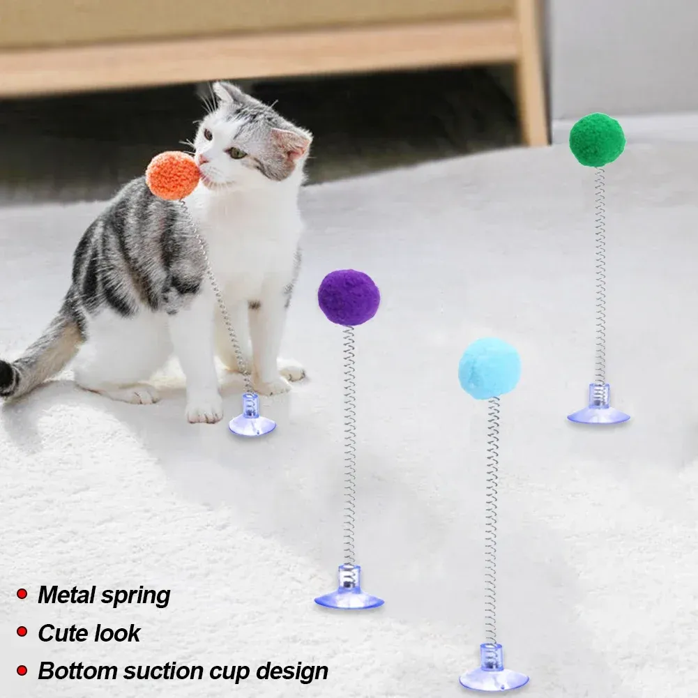 Jouet pour chat à ventouse : boule en fourrure avec baguette teaser multicolore (coloris aléatoire, 1 pièce) - Image 1
