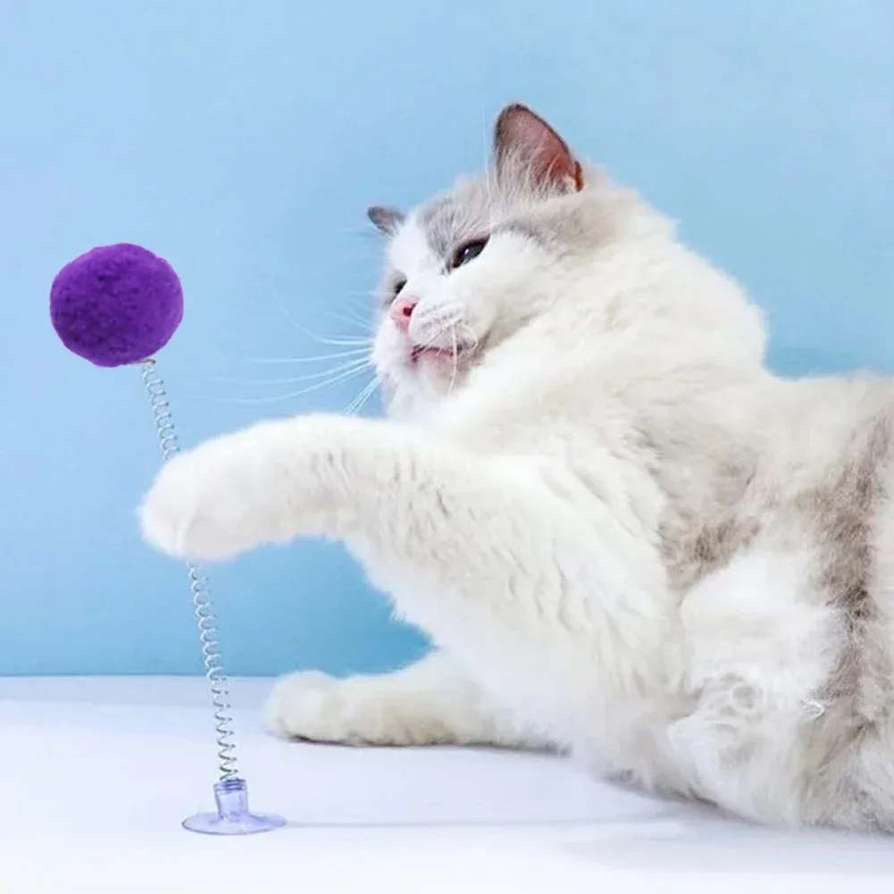 Jouet pour chat à ventouse : boule en fourrure avec baguette teaser multicolore (coloris aléatoire, 1 pièce) 3
