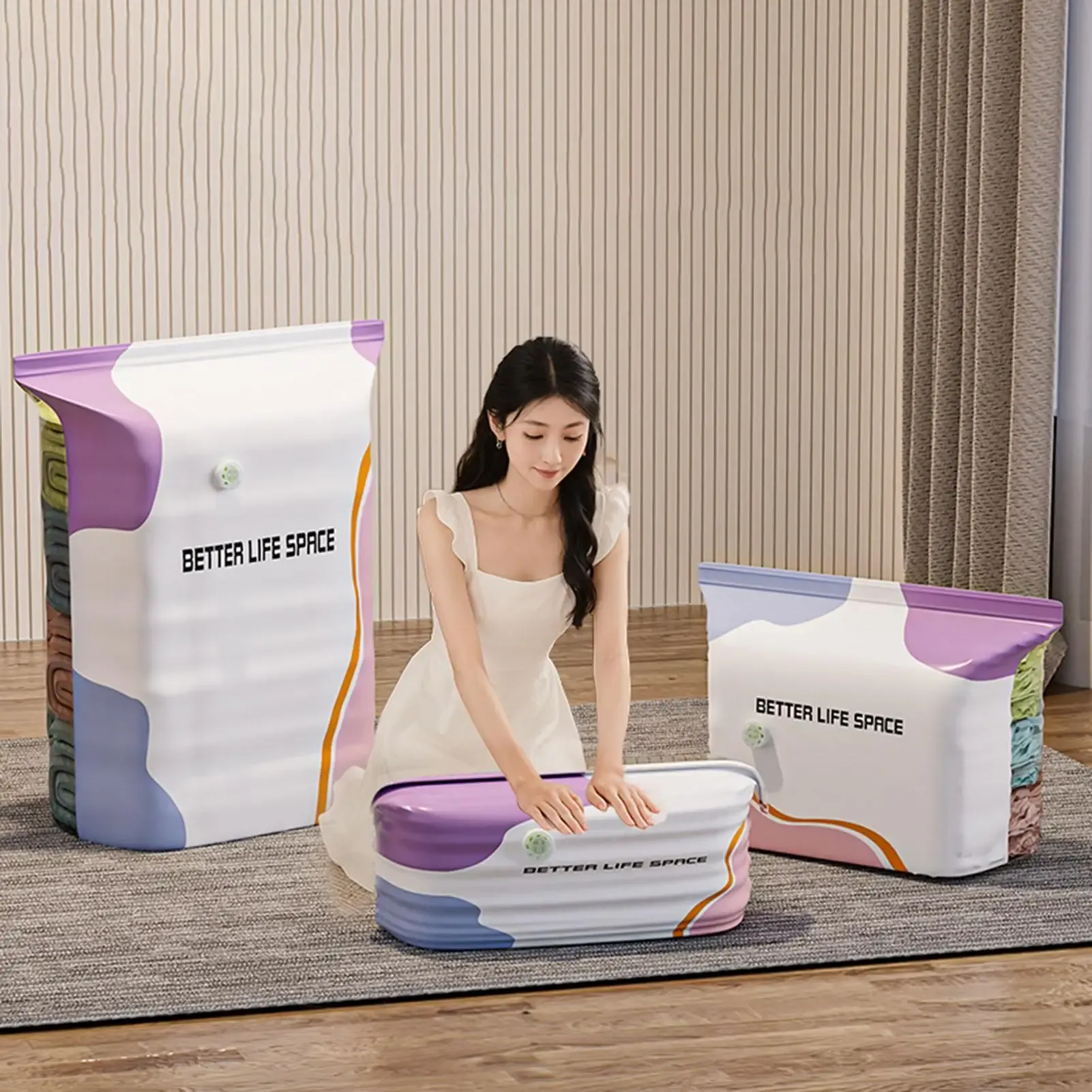 Lot de 3 sacs de rangement sous vide sans pompe, grands sacs de compression 3D pour vêtements, couettes et couvertures 5