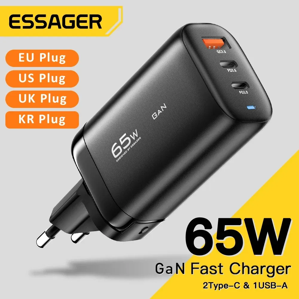 Chargeur GaN 65 W USB-C Essager pour ordinateur portable, PPS 45 W, 25 W, charge rapide pour Samsung, Xiaomi, Realme, iPhone 15, 14, 13 Pro
