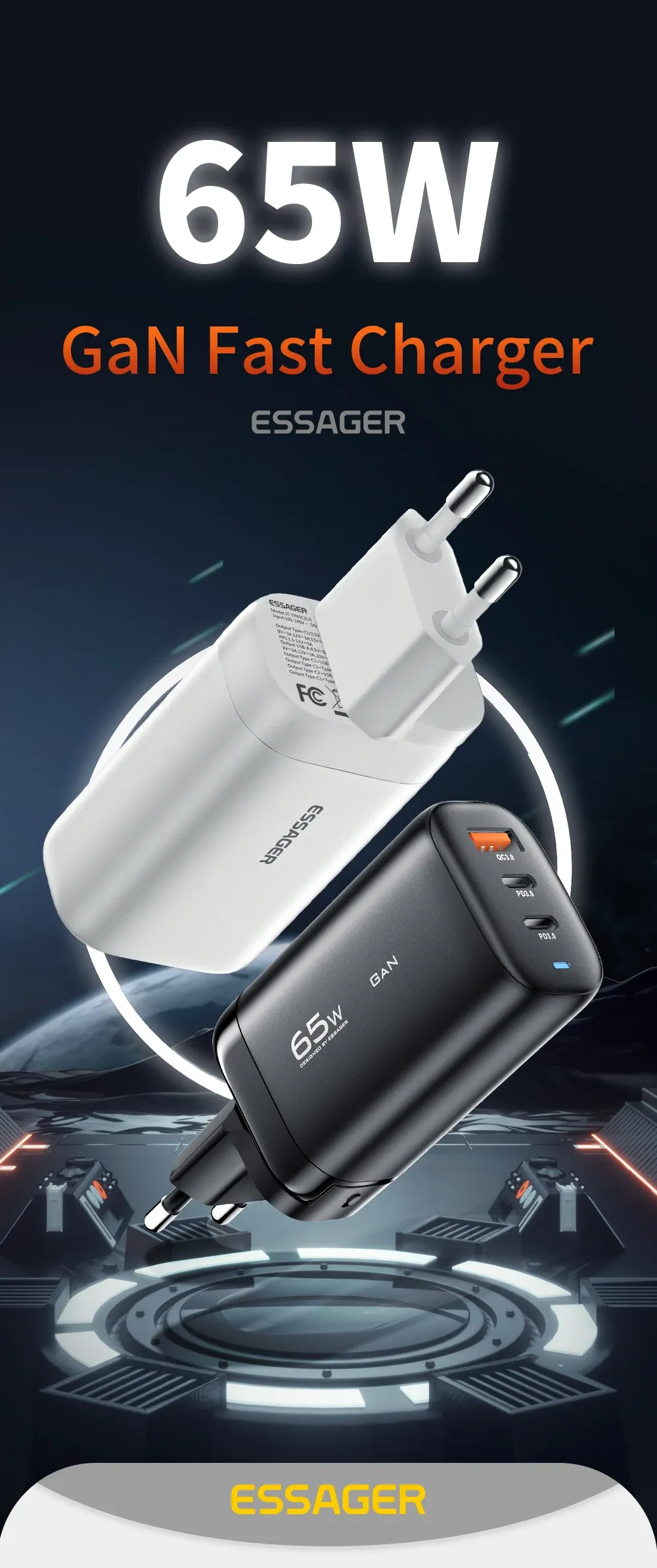 Chargeur Essager GaN USB-C, vue de présentation