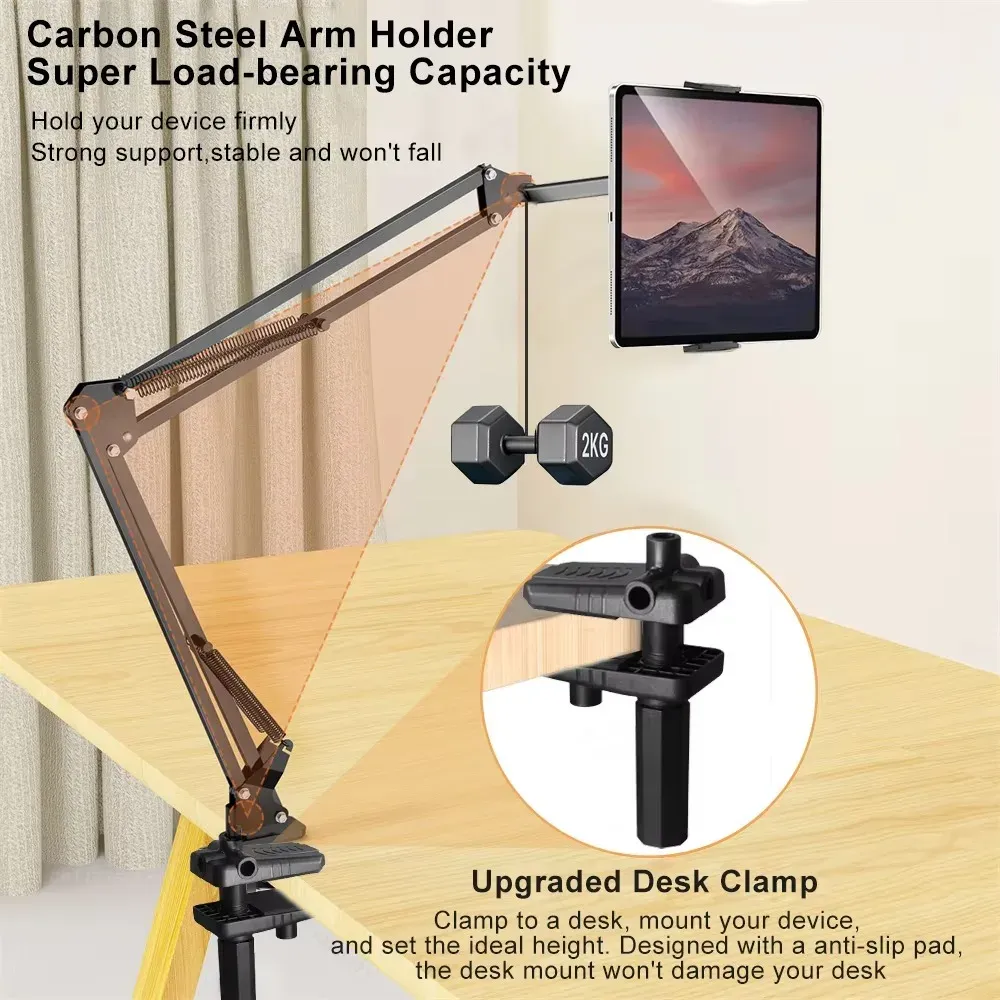 Support de tablette pour lit avec bras métallique de 90 cm, rotatif à 360°, support pour iPad, téléphone et tablette de 4,5 à 11 pouces 6
