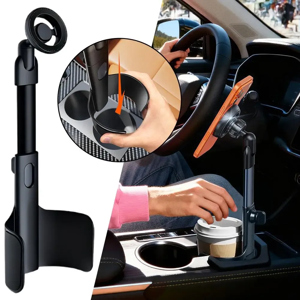 Support de téléphone pour porte-gobelet de voiture, support télescopique multifonctionnel en métal à fixation magnétique, support 2-en-1 pour téléphone et gobelet 2