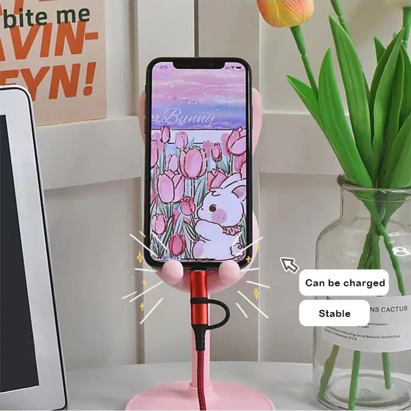 Support de téléphone portable rose, support de bureau pour iPhone 13, 14 et smartphones Samsung, réglable, design lapin mignon, support de table en style dessin animé 4