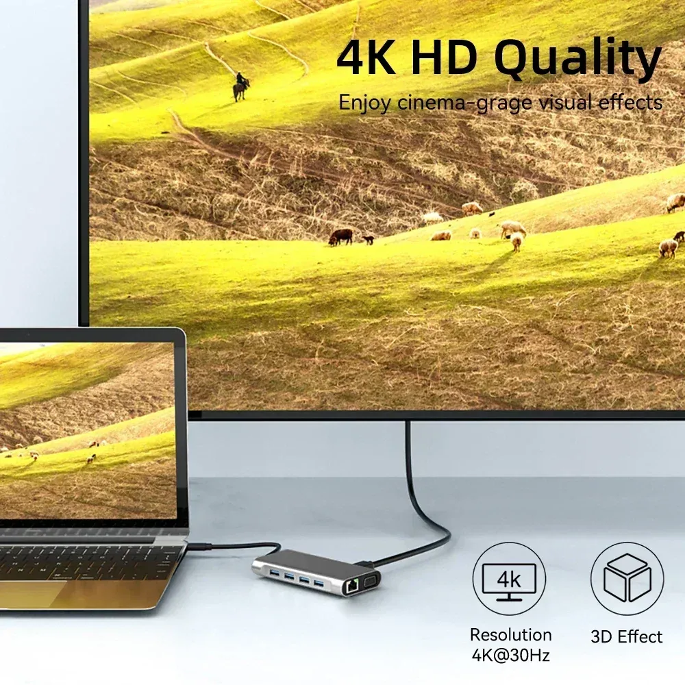 Station d'accueil USB-C 11 en 1 avec hub USB-C vers 4K HDMI, port USB 3.0, Power Delivery, RJ45, jack 3,5 mm et lecteurs TF/SD pour MacBook 3