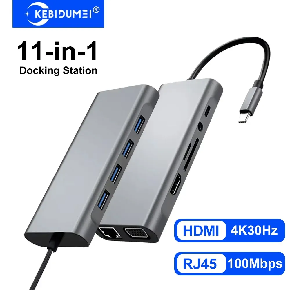 Station d'accueil USB-C 11 en 1 avec hub USB-C vers 4K HDMI, port USB 3.0, Power Delivery, RJ45, jack 3,5 mm et lecteurs TF/SD pour MacBook