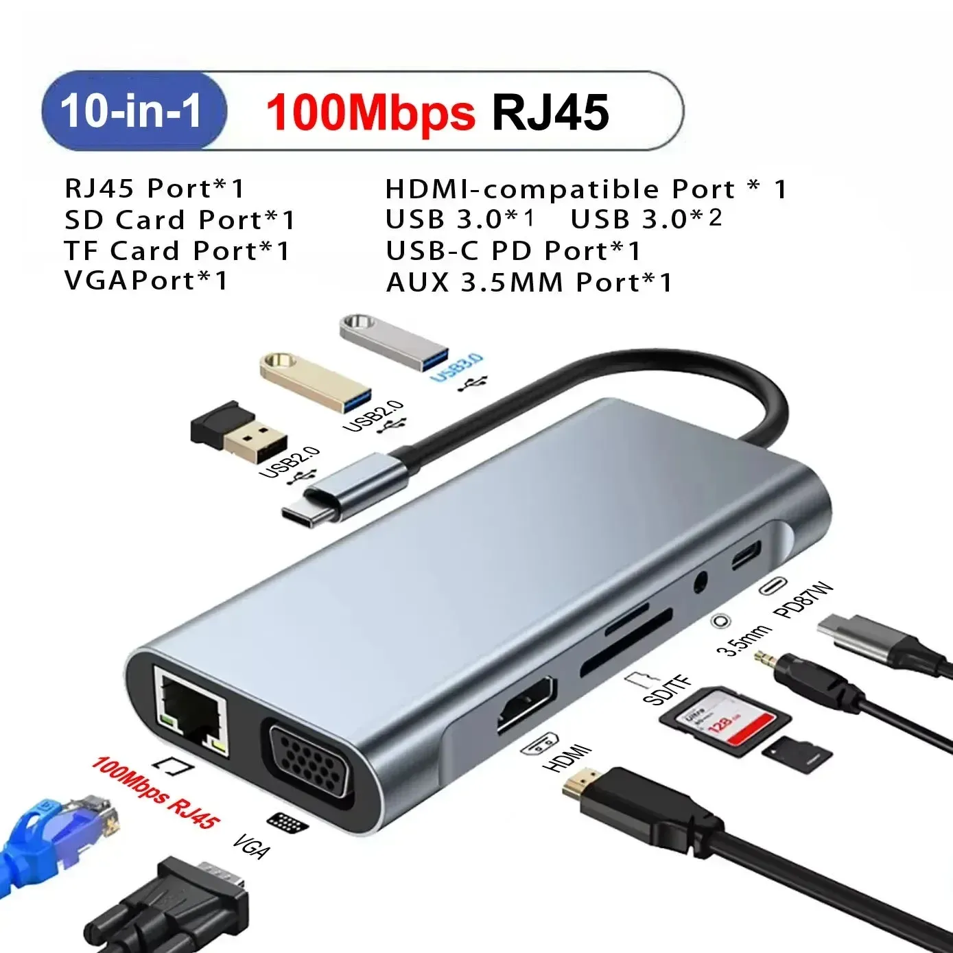 Station d'accueil USB-C 11 en 1 avec hub USB-C vers 4K HDMI, port USB 3.0, Power Delivery, RJ45, jack 3,5 mm et lecteurs TF/SD pour MacBook 8