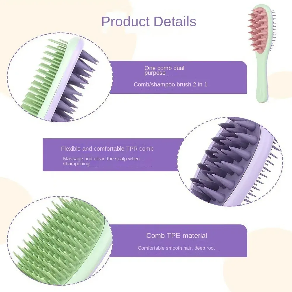 Peigne massant 2-en-1 double face en silicone, brosse à shampooing à long manche pour le soin des cheveux 5
