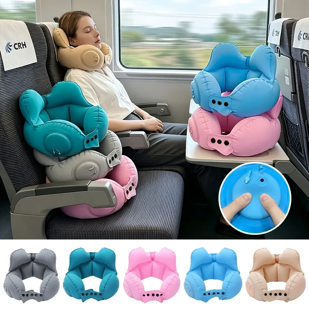 Oreiller de voyage gonflable et compact, soutien cervical portable pour l'avion et les siestes 1