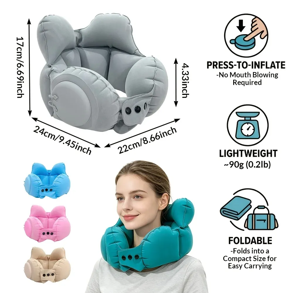 Oreiller de voyage gonflable et compact, soutien cervical portable pour l'avion et les siestes 4