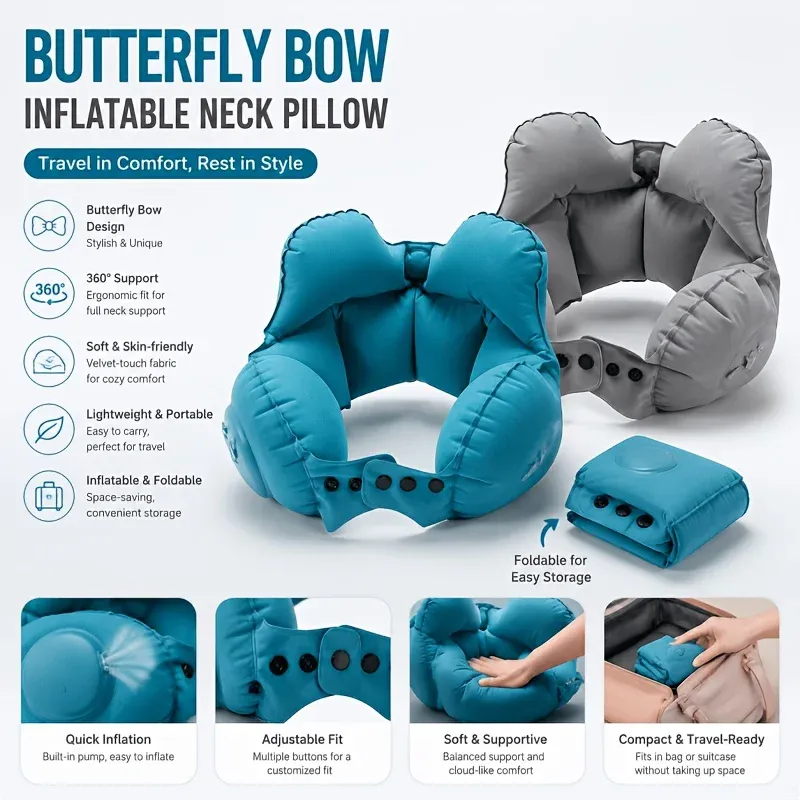 Oreiller de voyage gonflable et compact, soutien cervical portable pour l'avion et les siestes 6