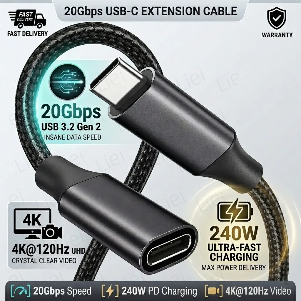 Câble d'extension USB-C 20 Gbps 240 W USB 3.2 4K@120 Hz, câble vidéo mâle-femelle pour hub, PS VR2, iPhone, MacBook, Switch 1
