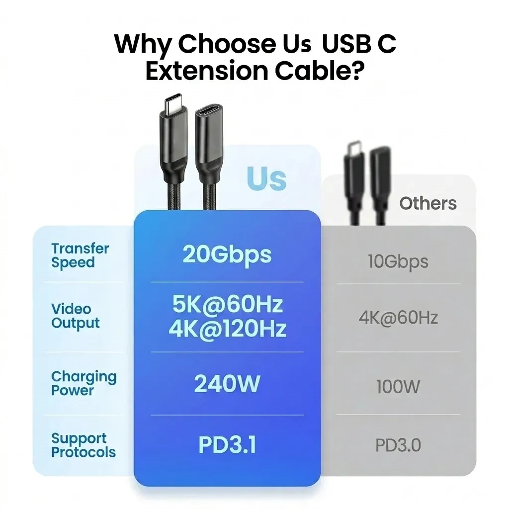 Câble d'extension USB-C 20 Gbps 240 W USB 3.2 4K@120 Hz, câble vidéo mâle-femelle pour hub, PS VR2, iPhone, MacBook, Switch 2