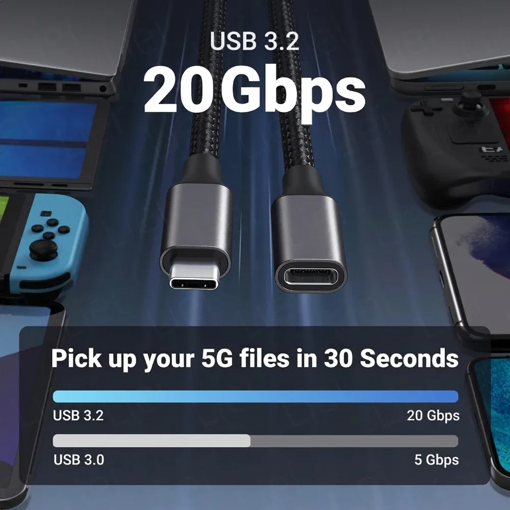 Câble d'extension USB-C 20 Gbps 240 W USB 3.2 4K@120 Hz, câble vidéo mâle-femelle pour hub, PS VR2, iPhone, MacBook, Switch 3