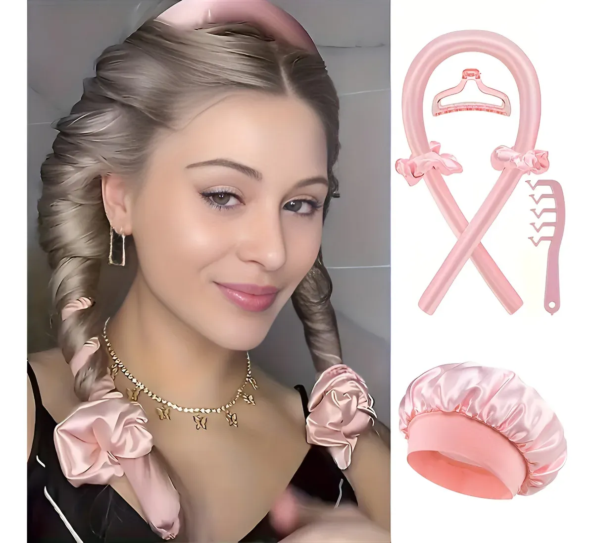 Ensemble de bigoudis sans chaleur et bonnet de nuit en satin