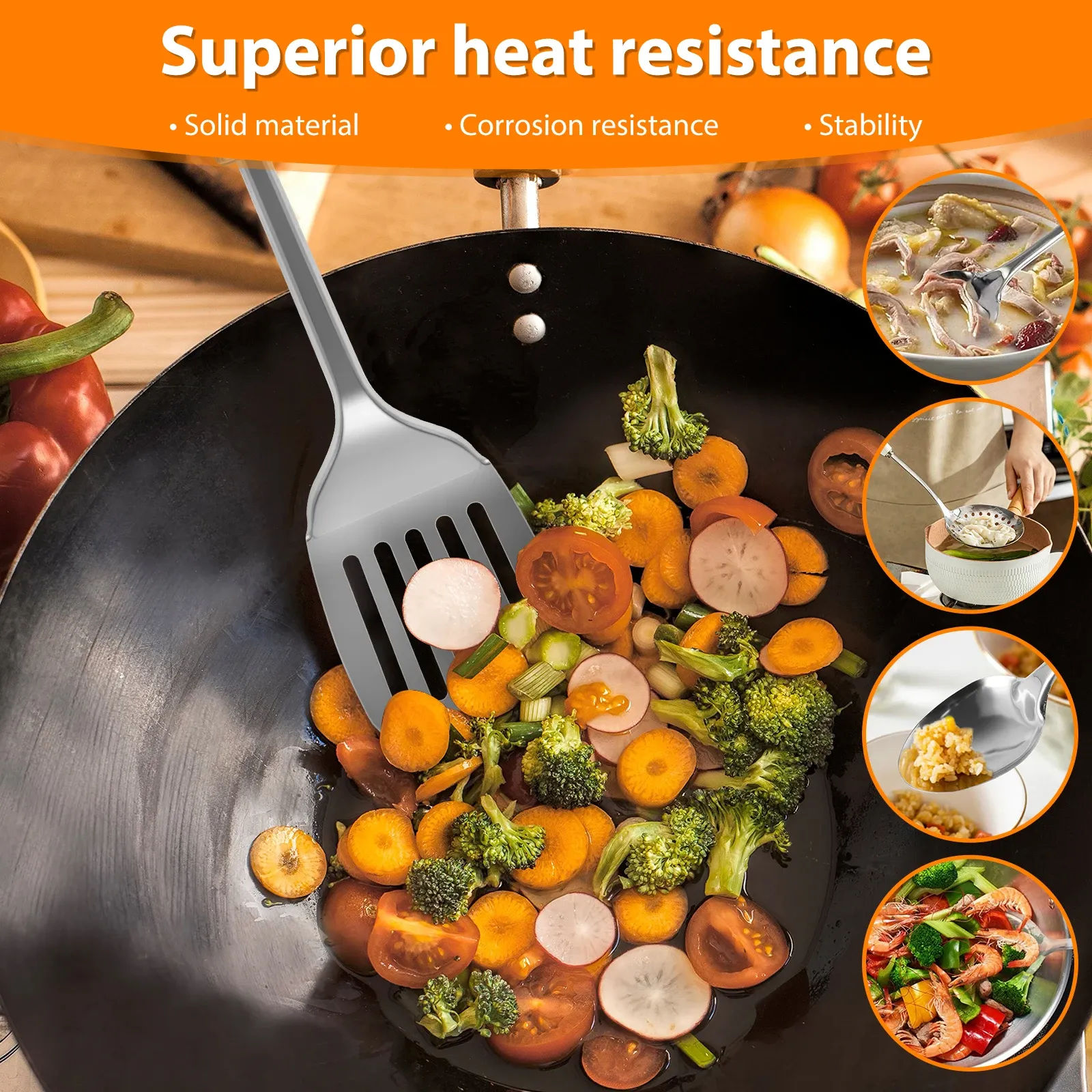 Ensemble d'ustensiles de cuisine en acier inoxydable, vue d'ensemble
