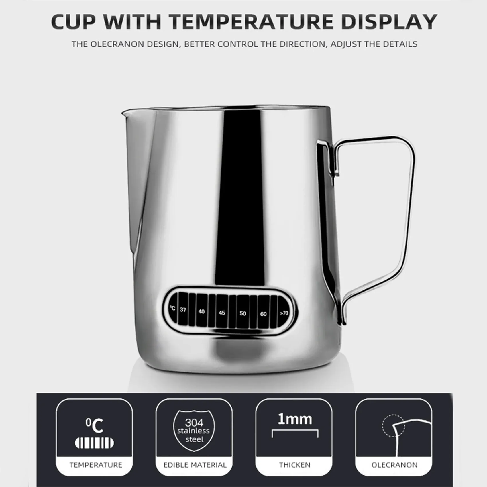 Pichet à mousse de lait en acier inoxydable avec affichage de la température, 350 ml / 600 ml (12 oz / 20 oz), pour latte art 2