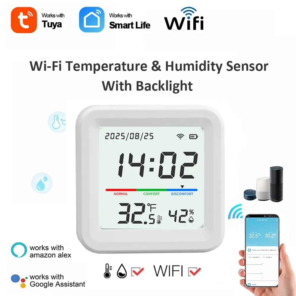 Capteur intelligent de température et d'humidité Tuya WiFi, thermomètre d'intérieur Smart Life, fonctionnant sur batterie, compatible Alexa - Image 1