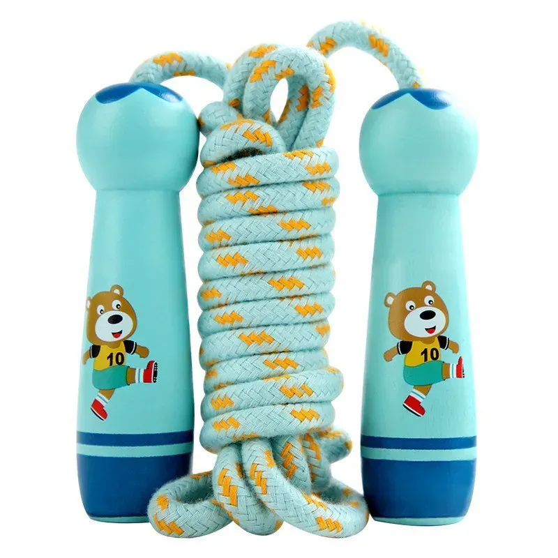 Corde à sauter réglable en coton pour enfants, design ludique avec dessin animé, poignée en bois naturel 6