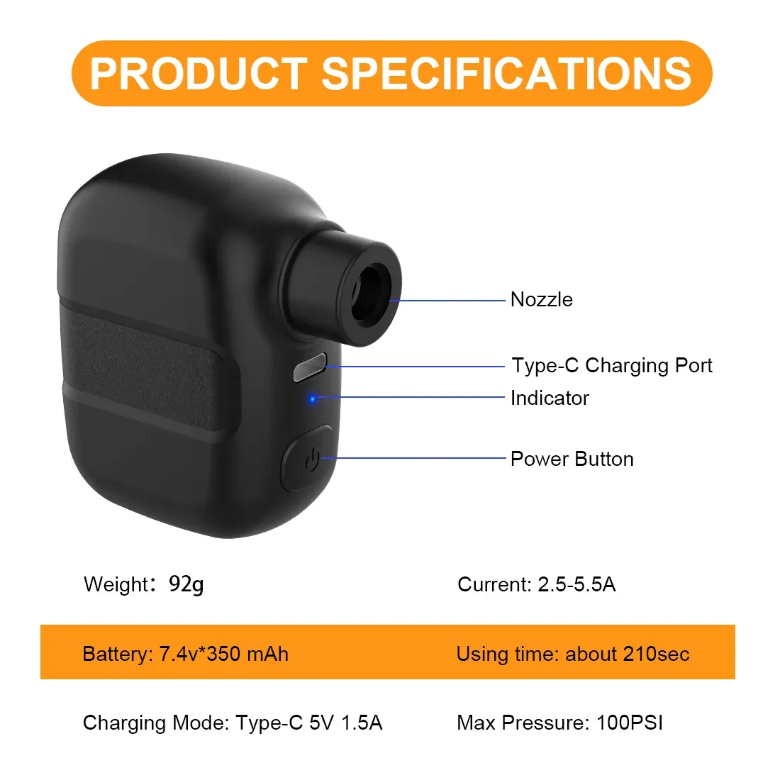 Mini pompe à vélo électrique portable et rechargeable 100 PSI, à port USB-C, compatible valves Schrader et Presta 4