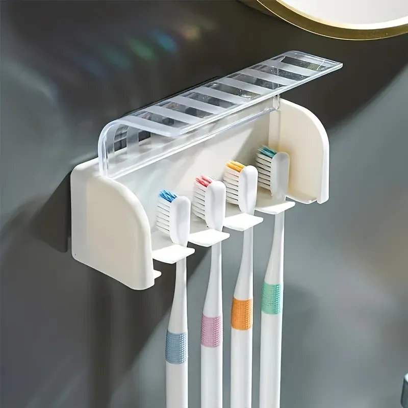 Porte-brosses à dents mural moderne à 5 emplacements avec couvercle hygiénique, organisateur de rangement peu encombrant pour salles de bains 2