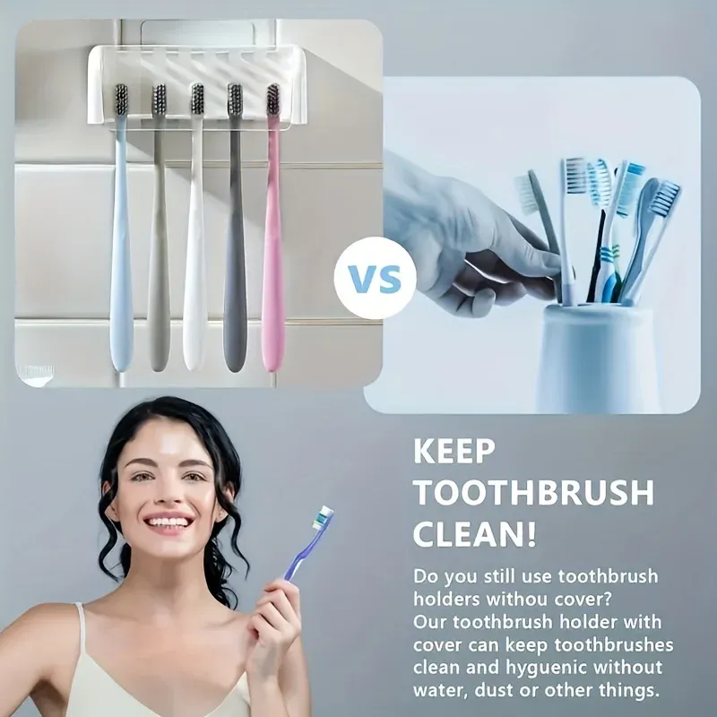 Porte-brosses à dents mural moderne à 5 emplacements avec couvercle hygiénique, organisateur de rangement peu encombrant pour salles de bains 5