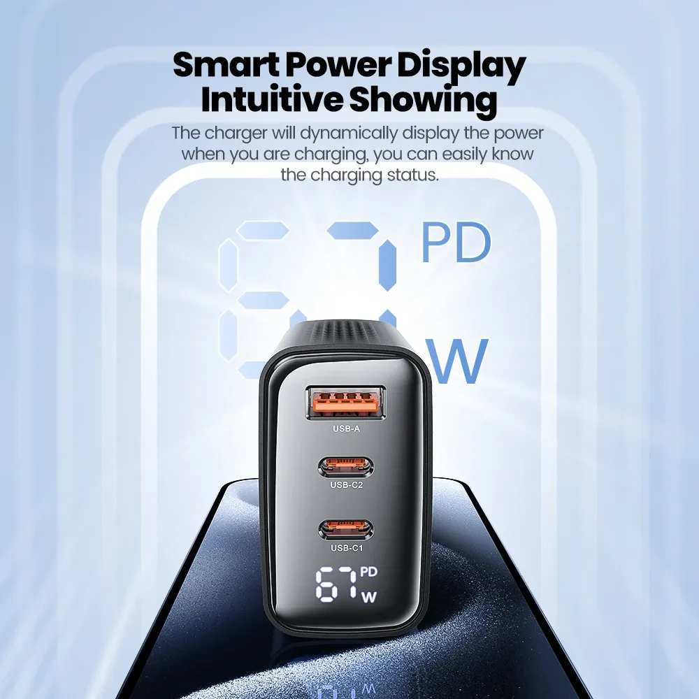 Chargeur USB-C Toocki GaN 33W/67W avec écran numérique, charge rapide PD/QC 40W, compatible iPhone, Samsung et Xiaomi 3