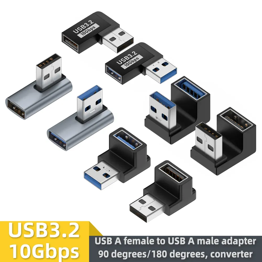 Adaptateur USB-A femelle vers USB-A mâle coudé 90° / 180°, transmission 10 Gbps, compatible ports USB d'ordinateur portable