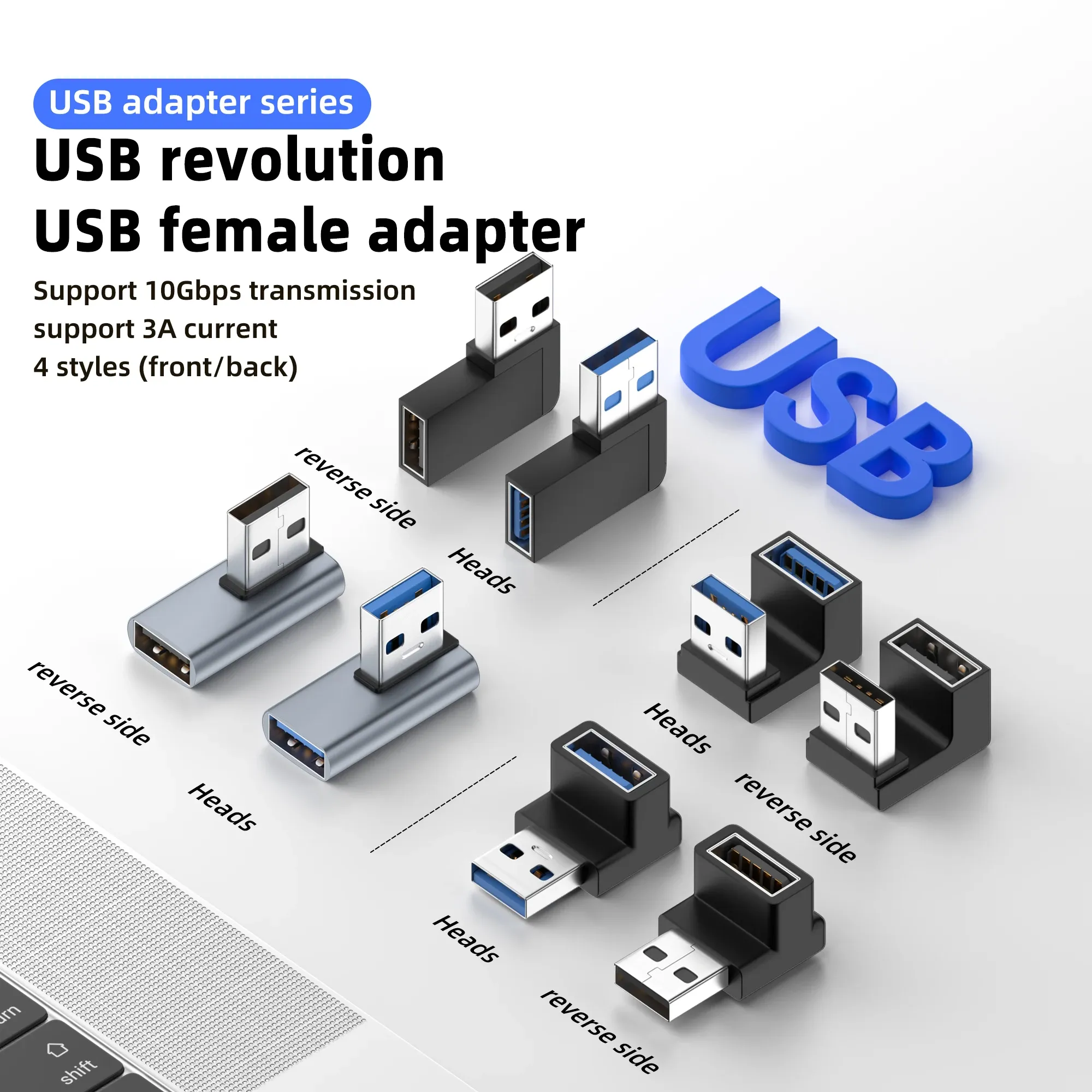 Adaptateur USB-A femelle vers USB-A mâle coudé 90° / 180°, transmission 10 Gbps, compatible ports USB d'ordinateur portable 2