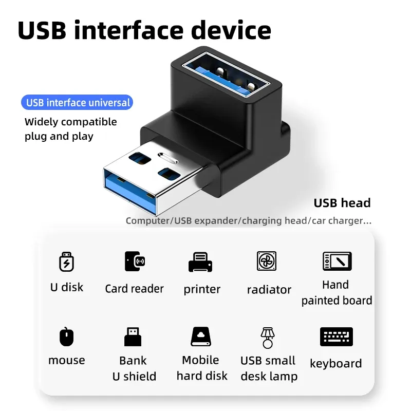 Adaptateur USB-A femelle vers USB-A mâle coudé 90° / 180°, transmission 10 Gbps, compatible ports USB d'ordinateur portable 4
