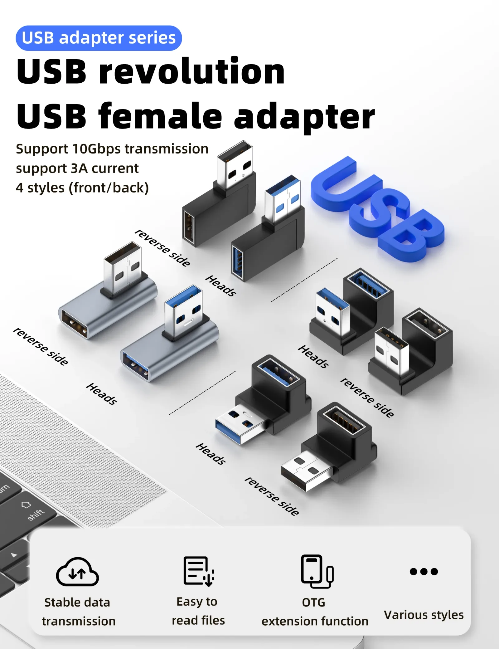 Adaptateur USB à 90 et 180 degrés, vue d'ensemble