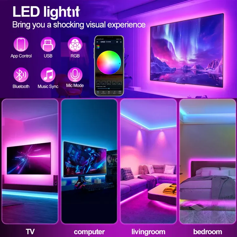 Ruban LED WiFi Tuya RGB 5050 USB intelligent, rétroéclairage pour TV et PC, compatible Alexa et Google Assistant 3