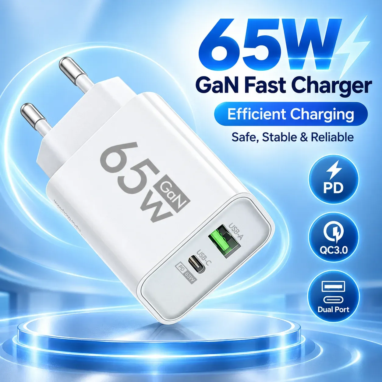 Chargeur rapide USB-C GaN 65 W, adaptateur mural Type-C compatible prises EU/US, pour iPhone, Samsung, Xiaomi et autres smartphones 2